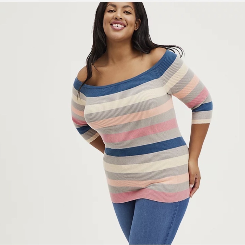 NWT Torrid Off Shoulder Ribbed Sweater 2X Multi Stripe 3/4 Sleeve Fitted Top